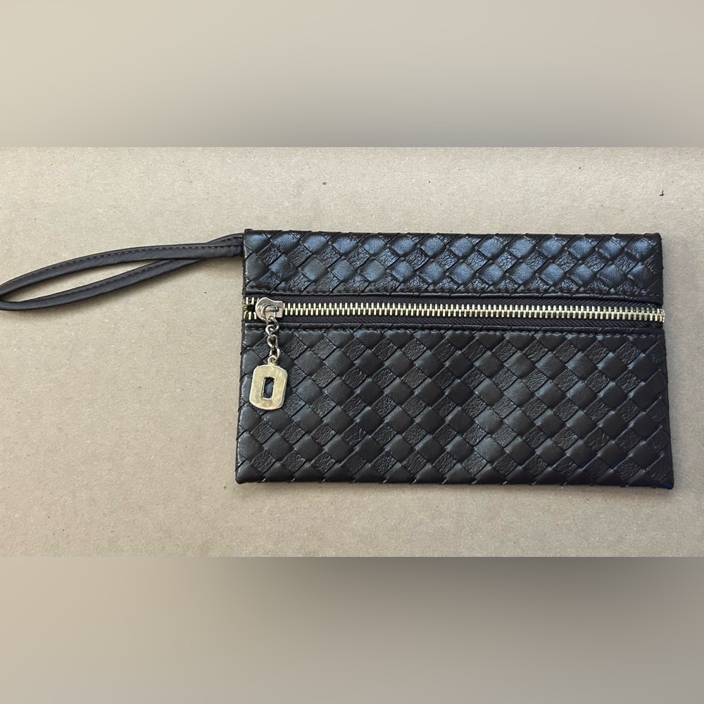 Dark Brown Woven Wristlet Wallet with Gold Zipper Faux Leather Brand New